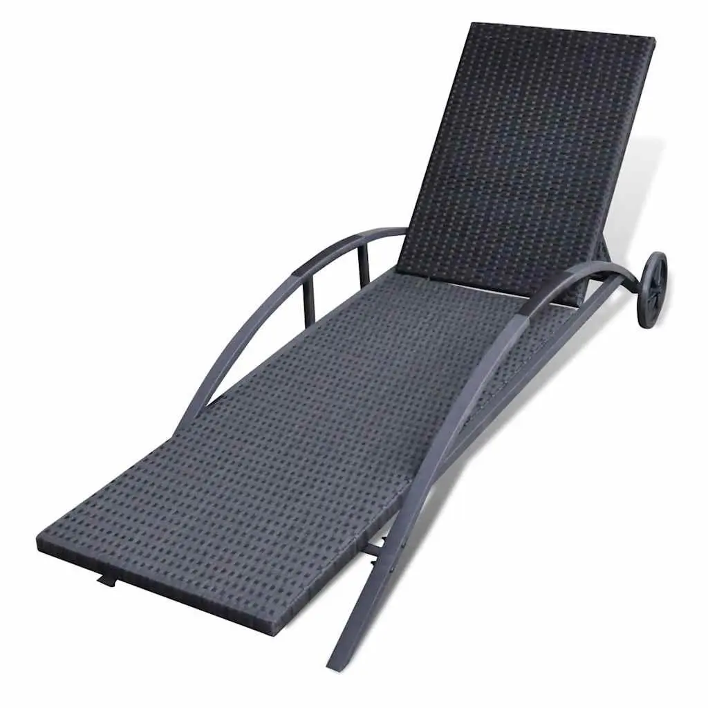 Sun Lounger Adjustable Backrest with Cushion and Wheels Outdoor Patio Garden Black
