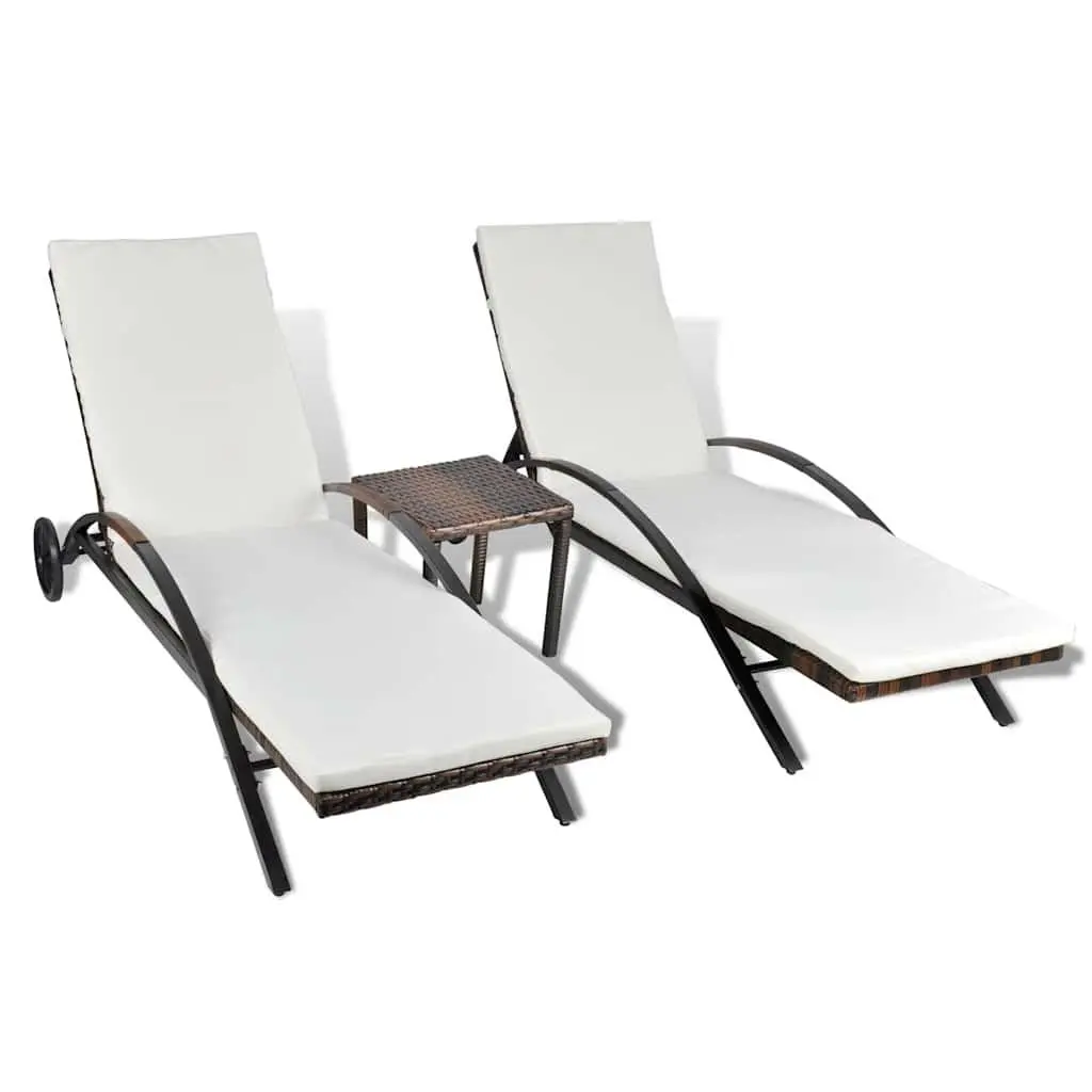Sun Loungers Set Adjustable Backrests Brown PE Rattan Garden Patio Outdoor Furniture with Table