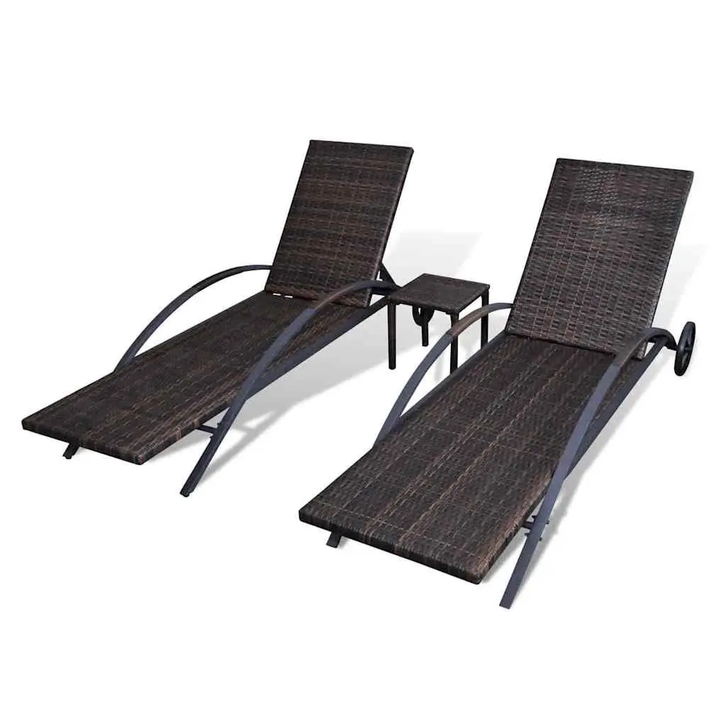 Sun Loungers Set Adjustable Backrests Brown PE Rattan Garden Patio Outdoor Furniture with Table