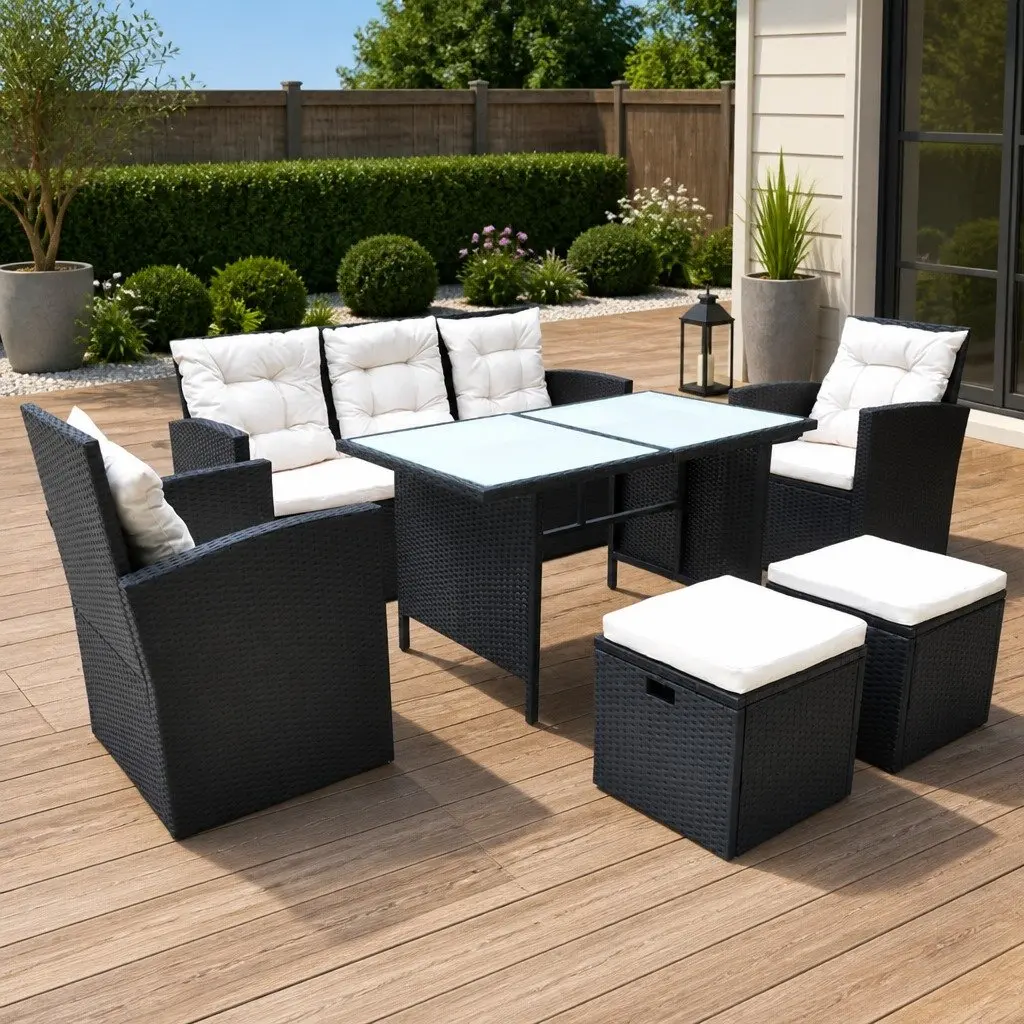 Outdoor Dining Set 6 Piece Rattan Garden Furniture Patio Table Sofa Chair Black