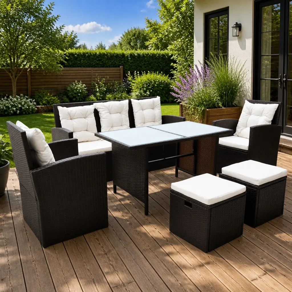 Outdoor Dining Set 6 Piece Rattan Furniture Garden Patio Brown