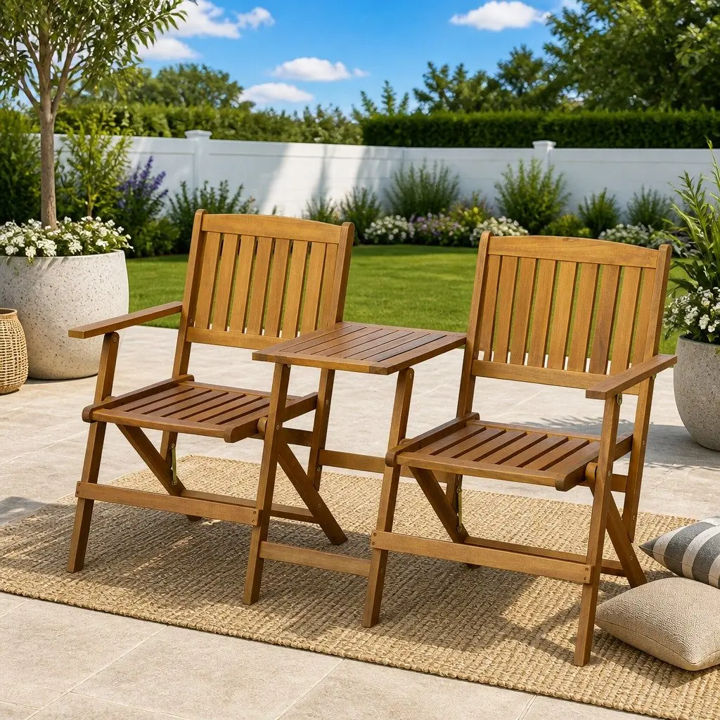 Folding Wooden Garden Bench with Tea Table 140cm for Two Persons Brown