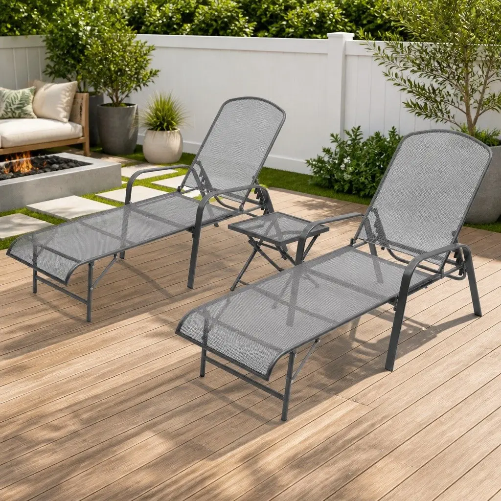 Sun Loungers Set 2 pcs Folding Table Steel Mesh Anthracite Outdoor Seating