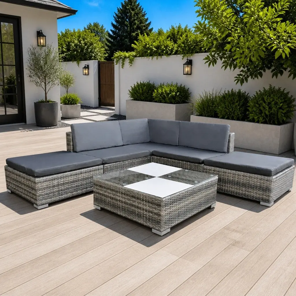 Outdoor Rattan Sofa Set 6 Piece Garden Patio Furniture Grey with Cushions