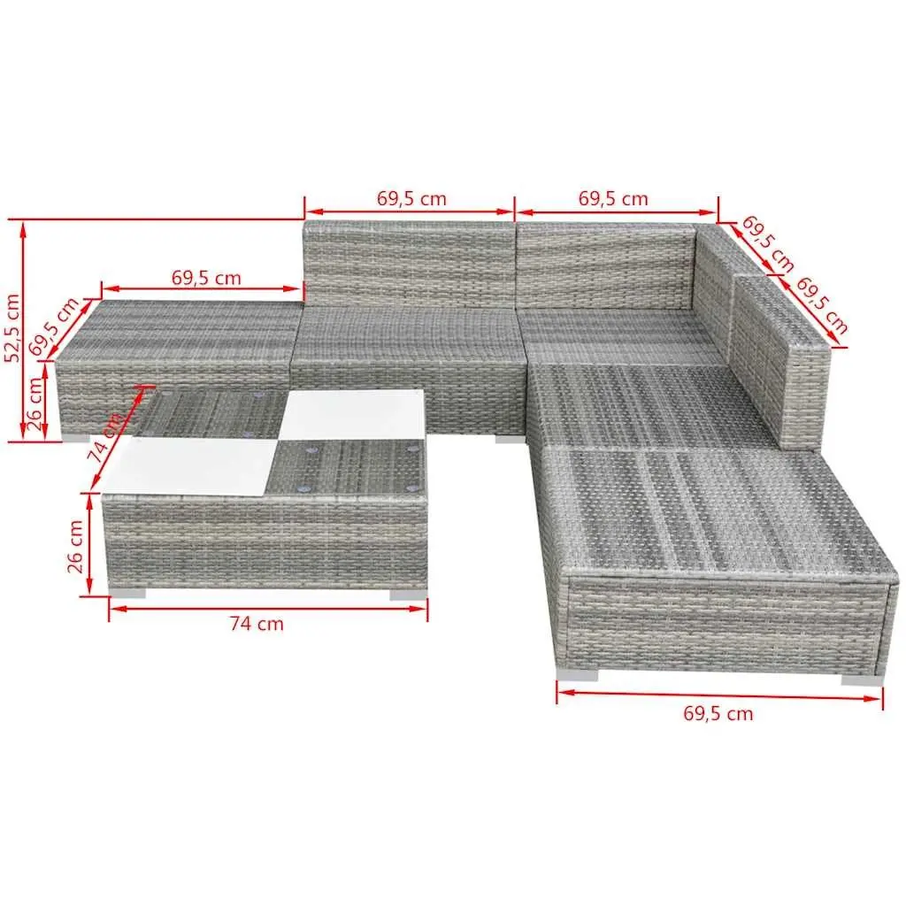 Outdoor Rattan Sofa Set 6 Piece Garden Patio Furniture Grey with Cushions
