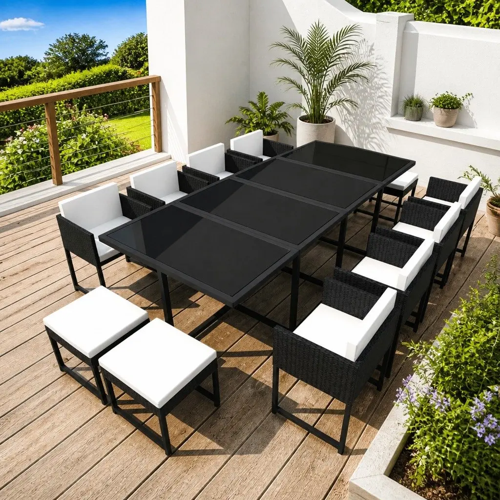 Outdoor Dining Set 13 Piece Rattan Garden Furniture Black Chairs Stools Table