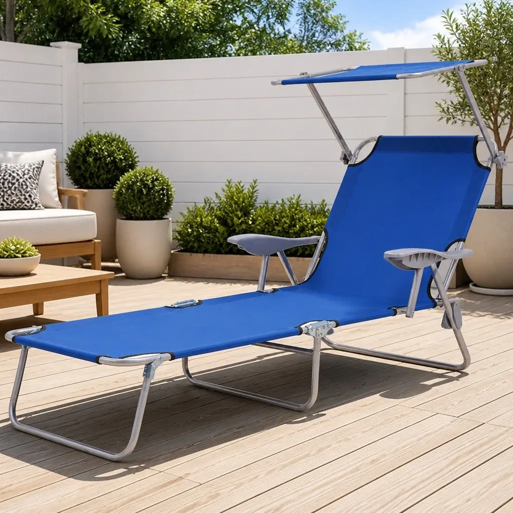 Foldable Sun Lounger with Adjustable Canopy Steel Frame Outdoor Beach Chair Blue
