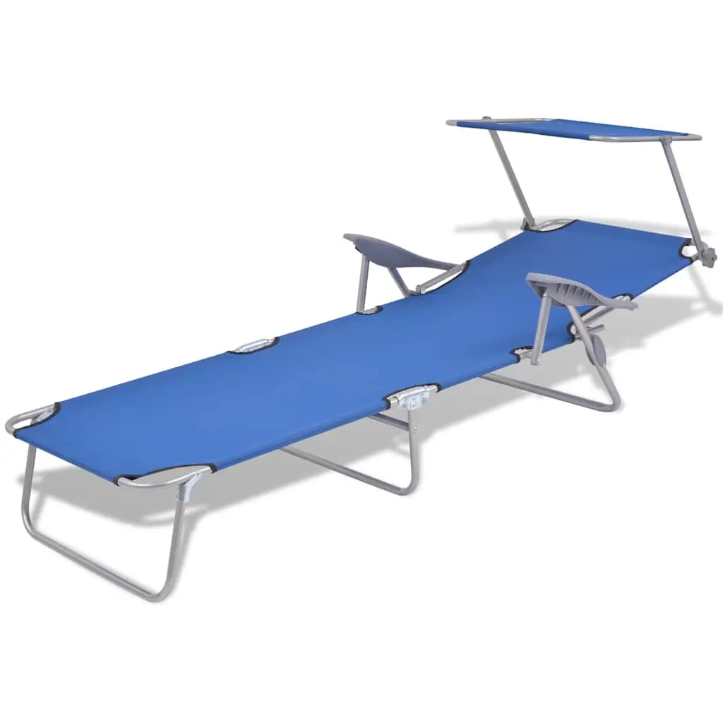 Foldable Sun Lounger with Adjustable Canopy Steel Frame Outdoor Beach Chair Blue