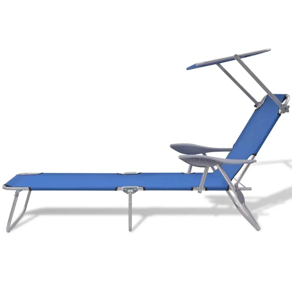 Foldable Sun Lounger with Adjustable Canopy Steel Frame Outdoor Beach Chair Blue