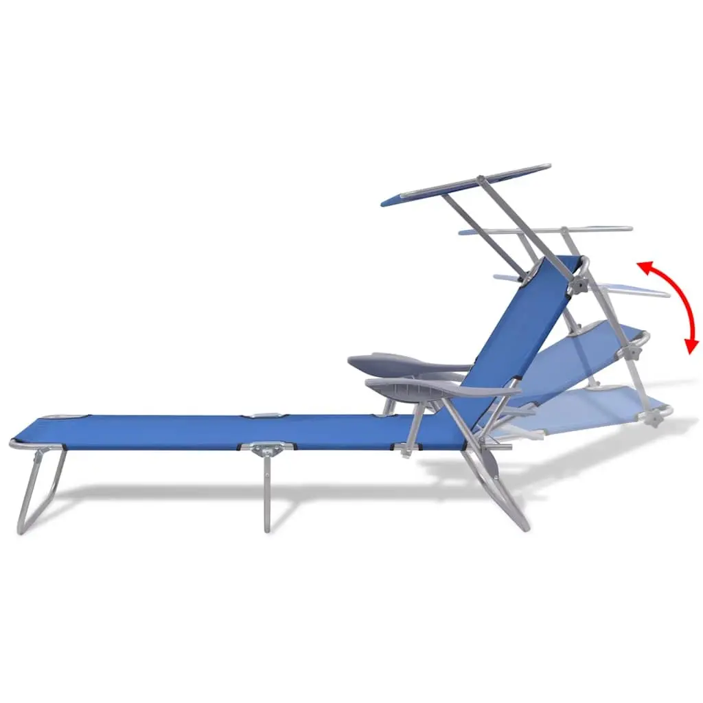 Foldable Sun Lounger with Adjustable Canopy Steel Frame Outdoor Beach Chair Blue