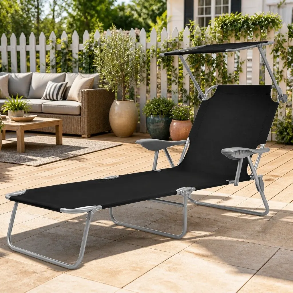 Adjustable Canopy Foldable Sun Lounger Outdoor Lounge Chair Black