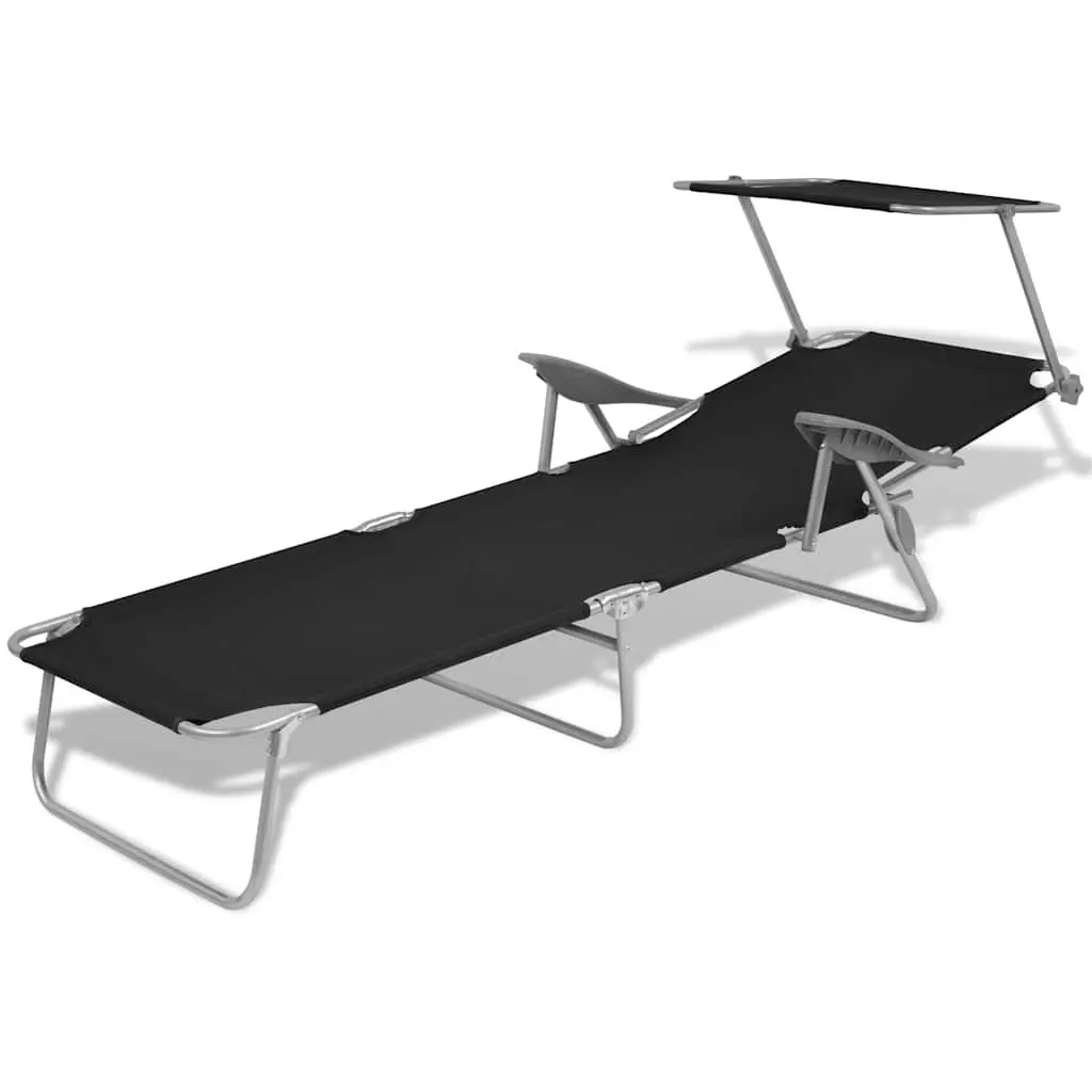 Adjustable Canopy Foldable Sun Lounger Outdoor Lounge Chair Black