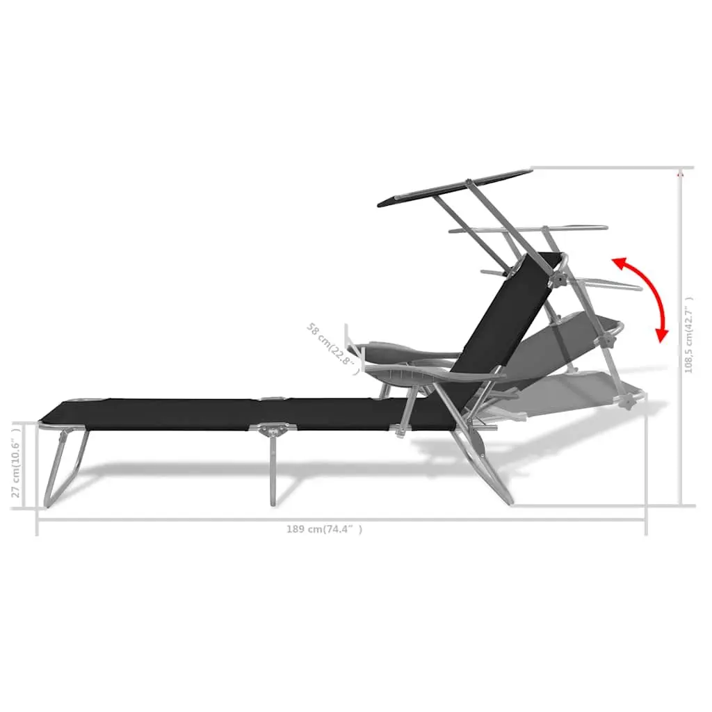 Adjustable Canopy Foldable Sun Lounger Outdoor Lounge Chair Black