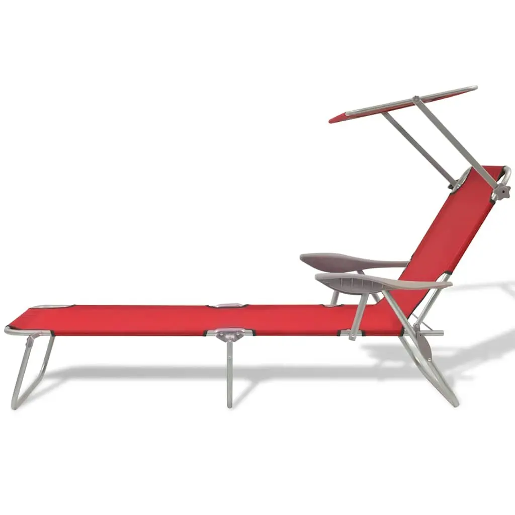 Sun Lounger Adjustable Canopy Foldable Beach Chair Red