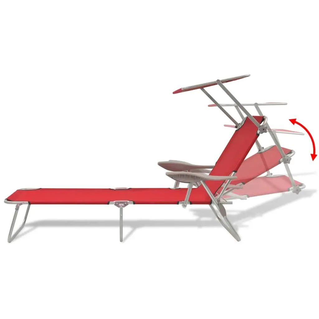 Sun Lounger Adjustable Canopy Foldable Beach Chair Red