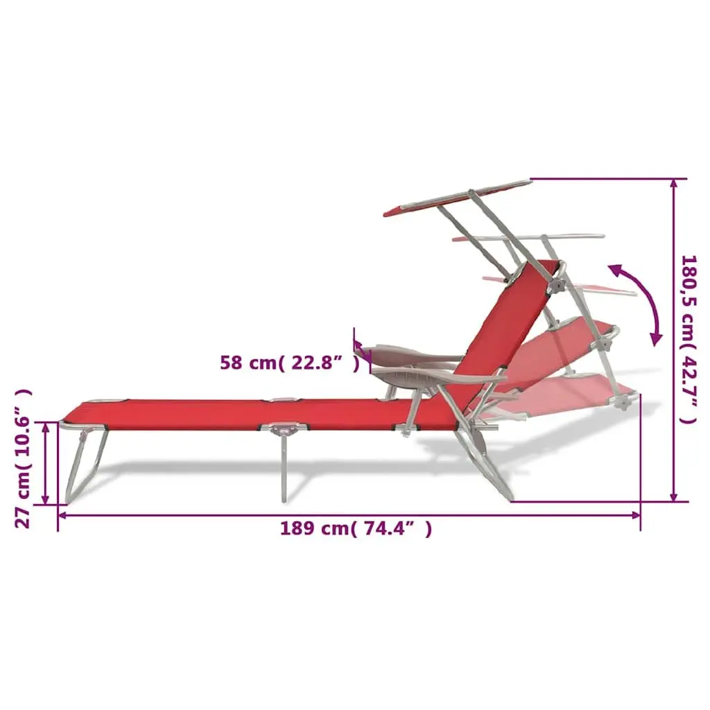 Sun Lounger Adjustable Canopy Foldable Beach Chair Red