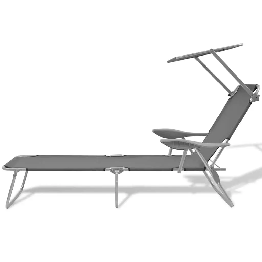 Foldable Beach Chair with Adjustable Canopy Grey Outdoor Sun Lounger