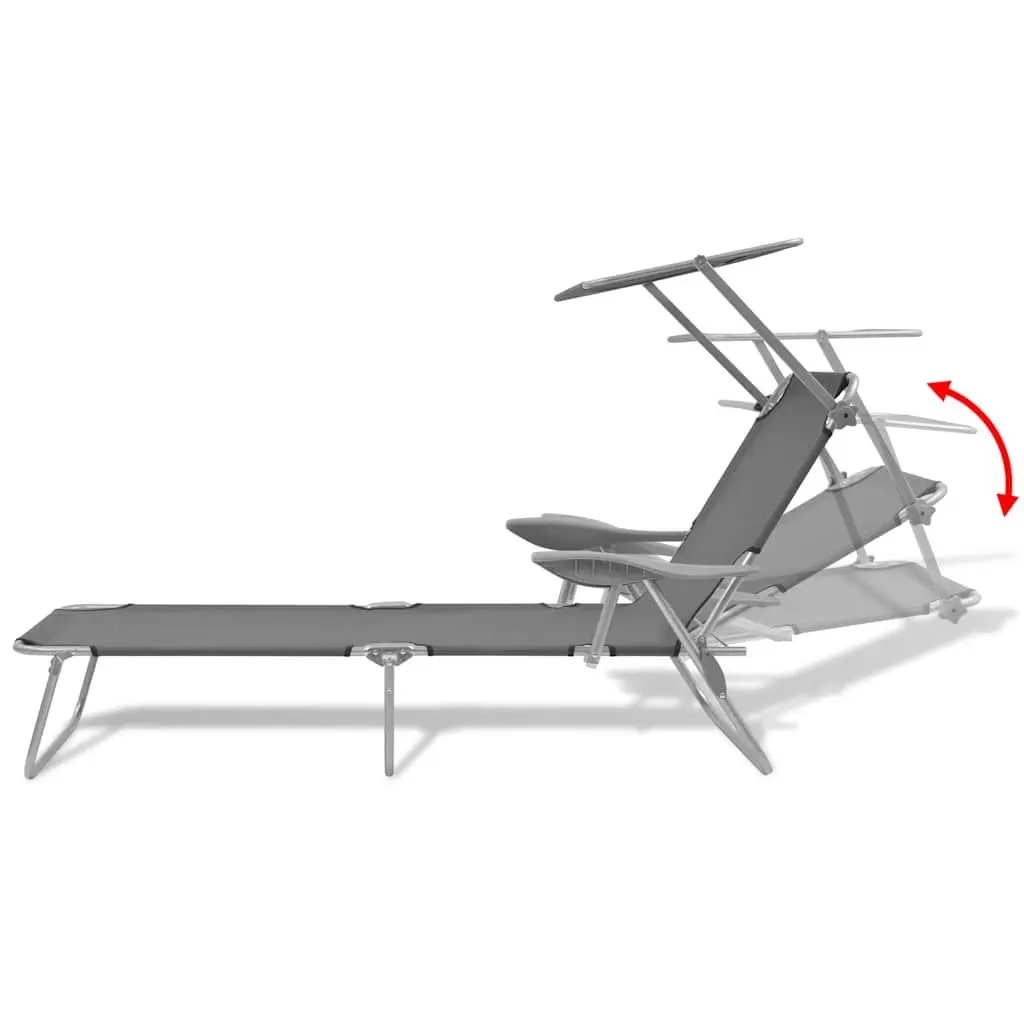 Foldable Beach Chair with Adjustable Canopy Grey Outdoor Sun Lounger