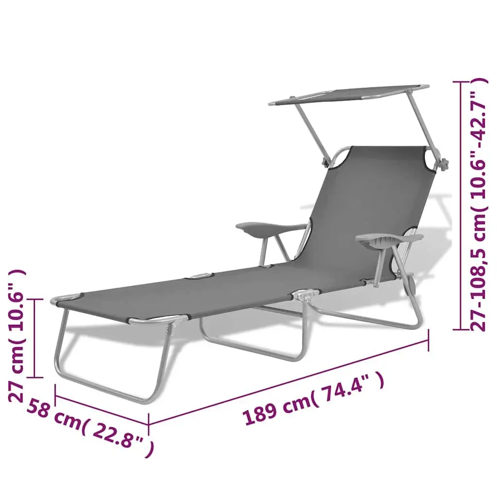 Foldable Beach Chair with Adjustable Canopy Grey Outdoor Sun Lounger