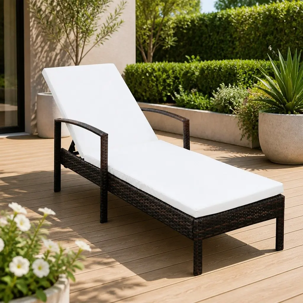Sun Lounger Adjustable Backrest Outdoor Recliner 5cm Cushion Brown