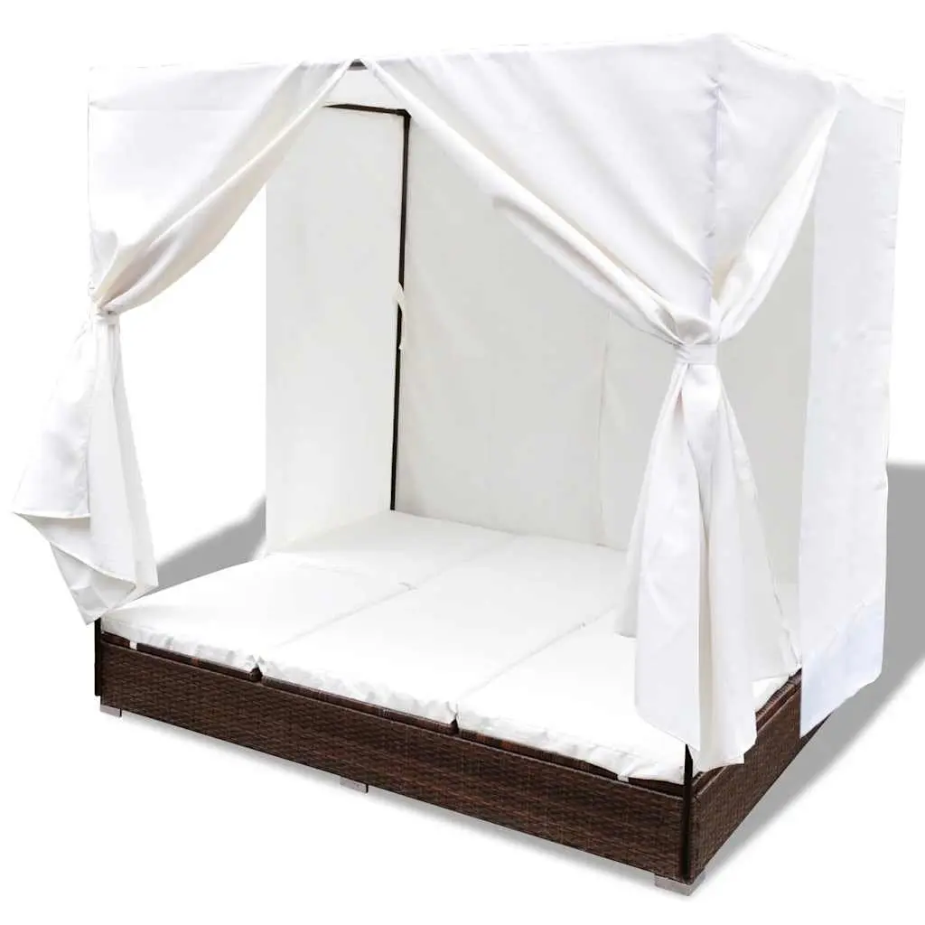Outdoor Lounge Bed for 2 People Daybed Adjustable Brown PE Rattan with Curtains