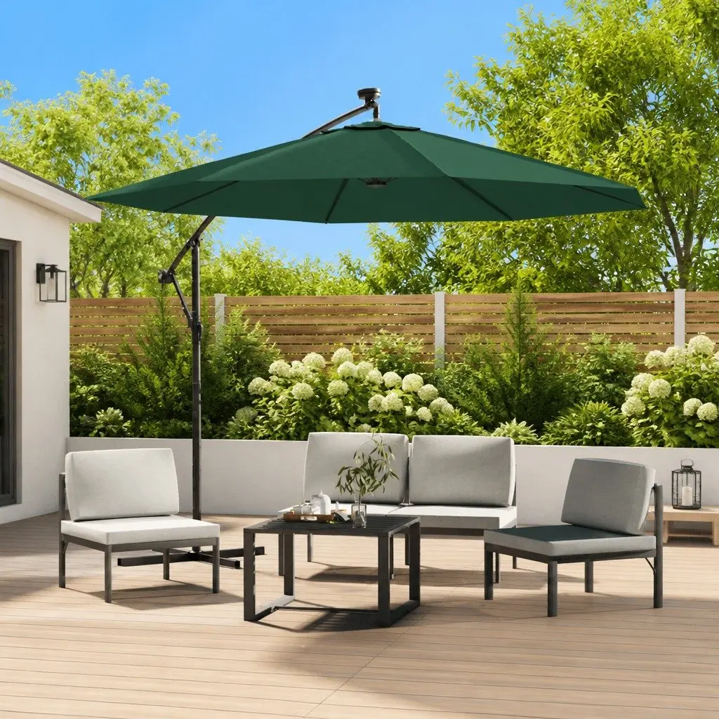 Hanging Garden Parasol 300 cm UV Resistant Green Outdoor Shade Canopy with LED Lighting