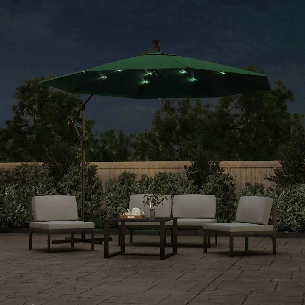 Hanging Garden Parasol 300 cm UV Resistant Green Outdoor Shade Canopy with LED Lighting