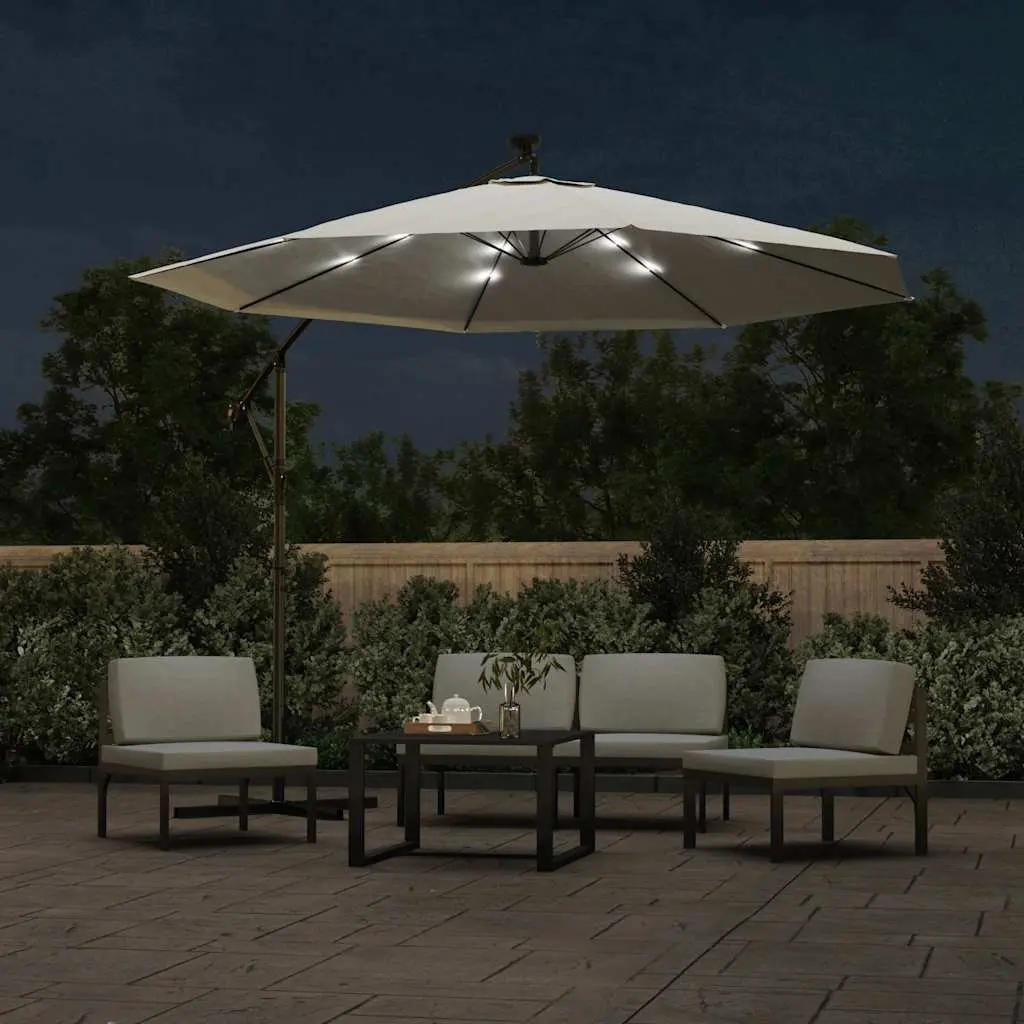 Hanging Garden Parasol UV Protection 300cm Beige Solar Powered LED Lighting