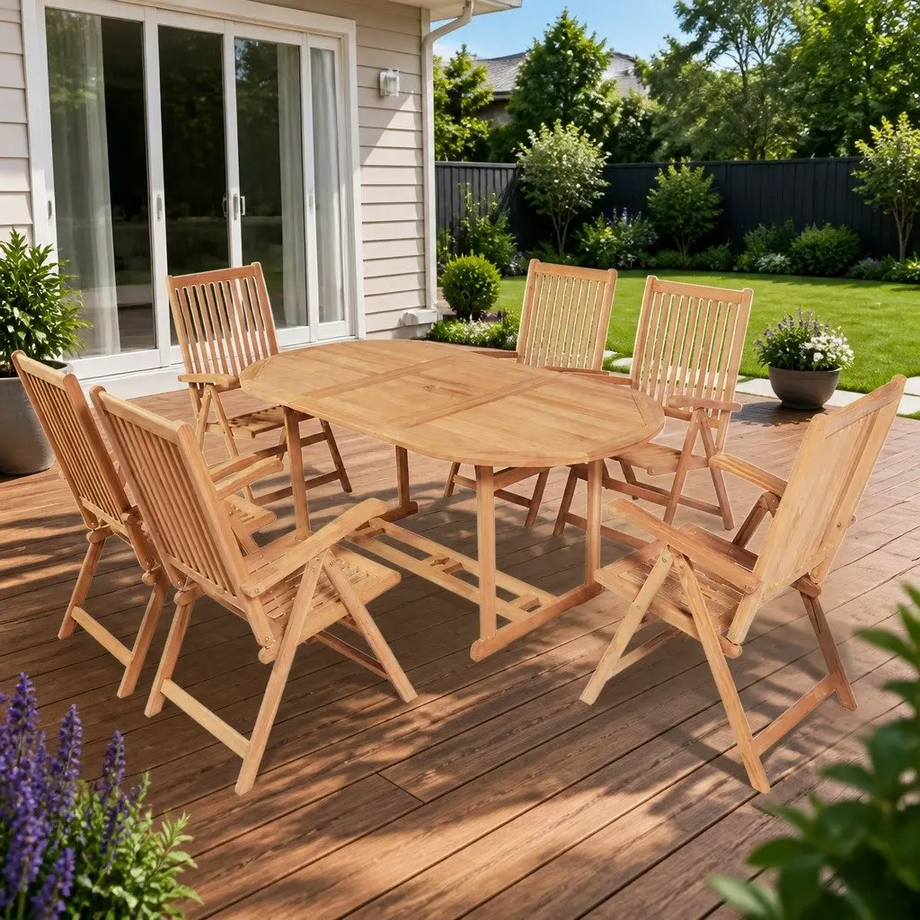 Teak Wood Outdoor 7 Piece Dining Set Table with Folding Reclining Armchairs Brown