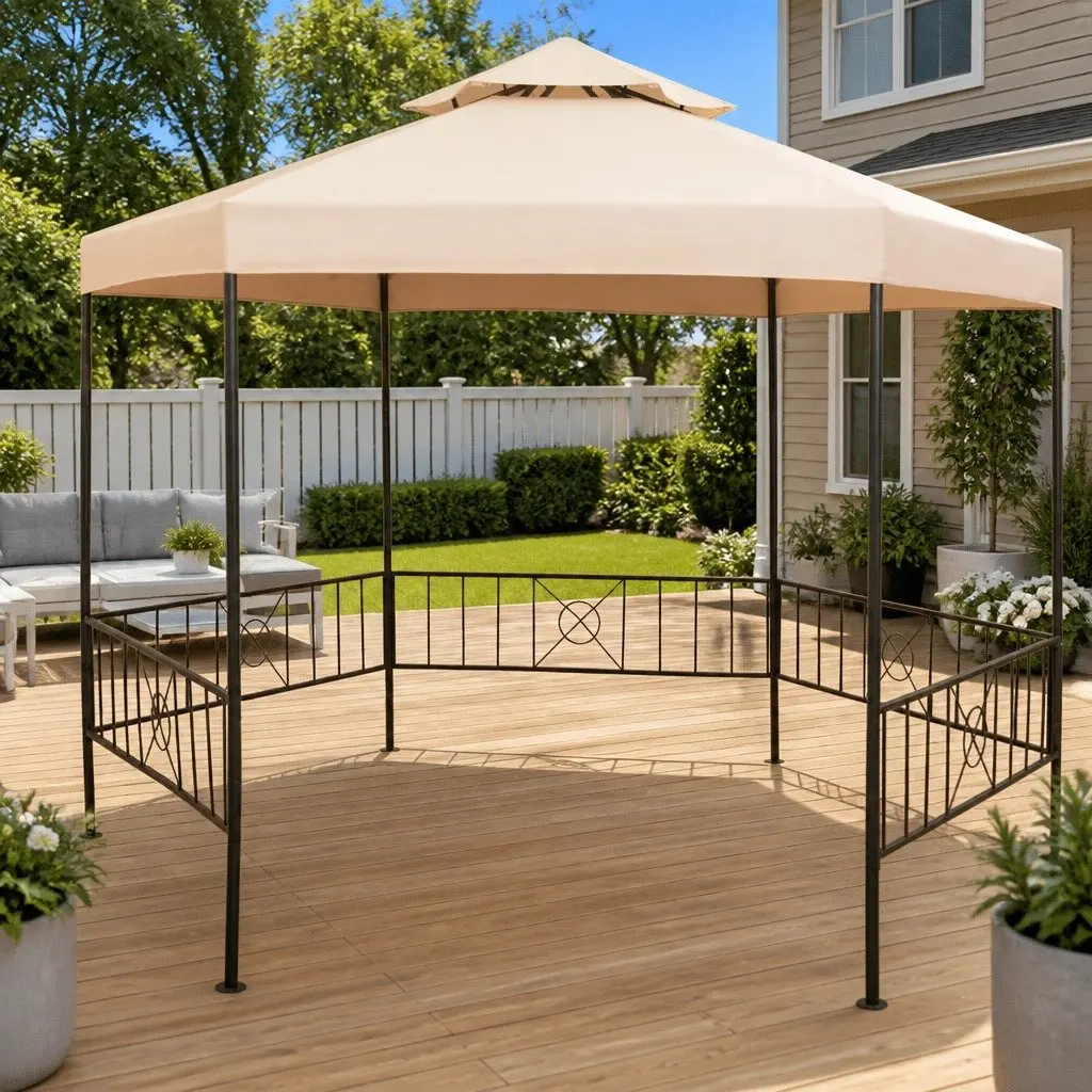 Hexagonal Garden Gazebo Tent Outdoor Canopy Shade 323 x 265 cm Beige