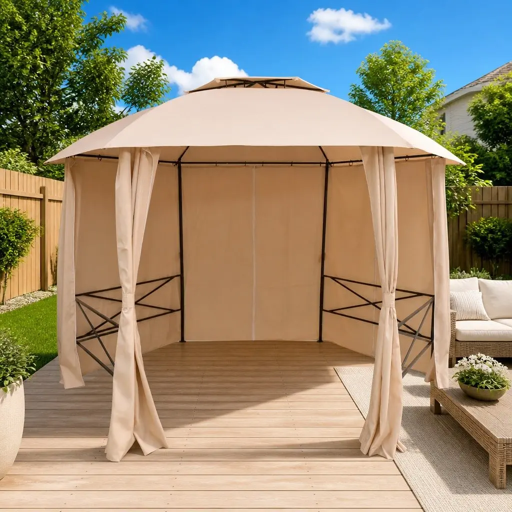 Hexagonal Gazebo Pavilion Tent Outdoor Canopy Shade 360 x 265 cm Beige