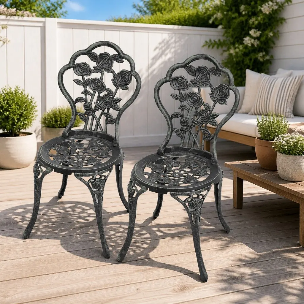 Outdoor Bistro Chairs 2 pcs Cast Aluminium Garden Patio Seating Floral Design