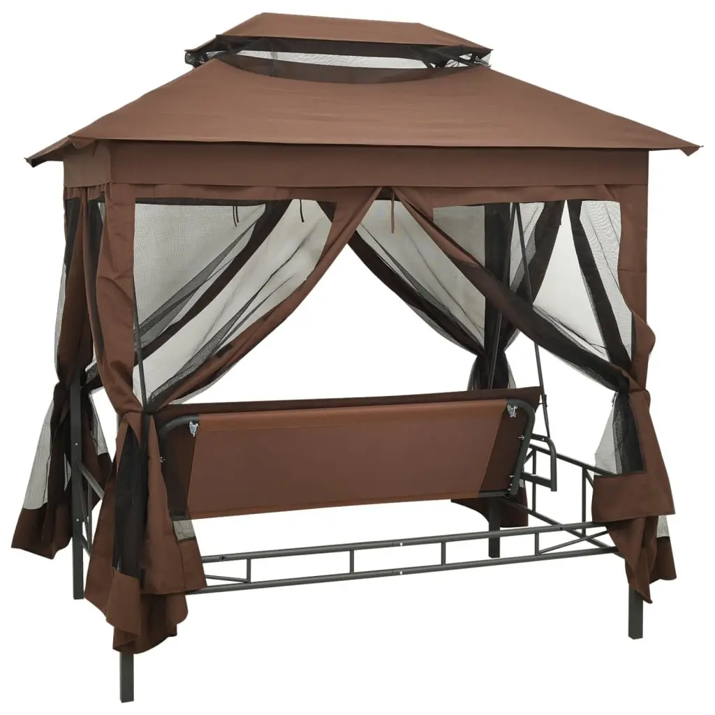 Gazebo Swing Bench Convertible Outdoor Two Seater Brown with Canopy and Pillows