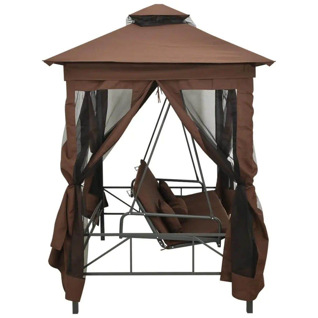 Gazebo Swing Bench Convertible Outdoor Two Seater Brown with Canopy and Pillows