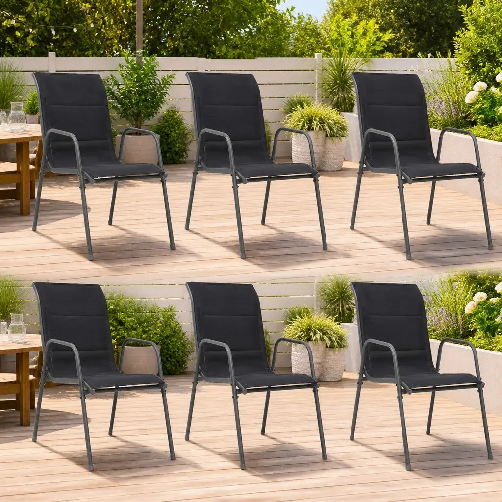 Outdoor Dining Chairs Stackable 6 Piece Set Steel Frame Garden Furniture Black