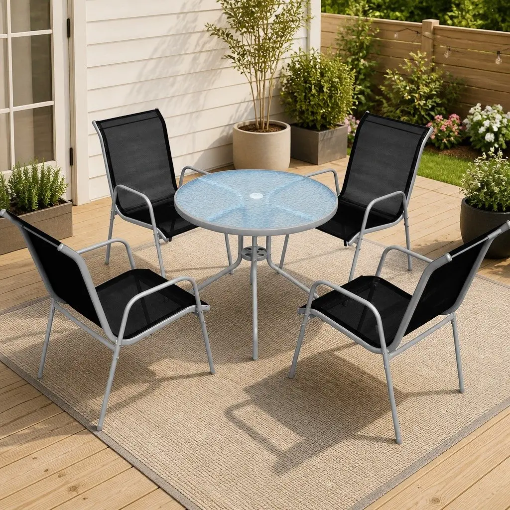 Outdoor Dining Set 5 Piece Garden Furniture Table 4 Stackable Chairs Grey