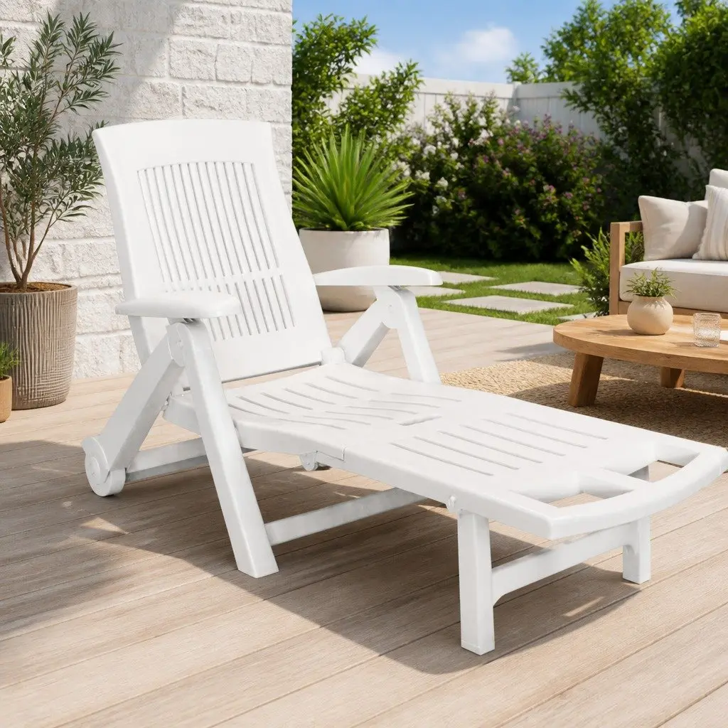 Plastic Sun Lounger Reclining Deck Chair Outdoor Garden Patio Folding White