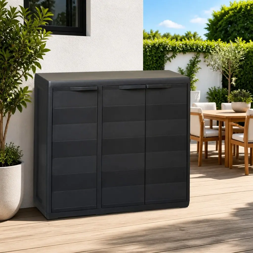 Garden Storage Cabinet Outdoor Organiser 2 Adjustable Shelves Black
