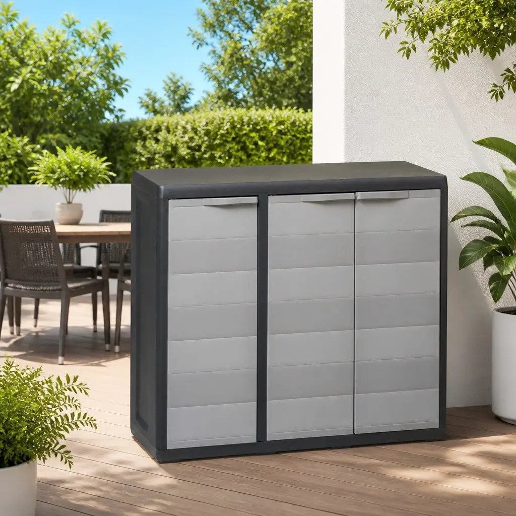 Garden Storage Cabinet Outdoor Organiser 2 Shelves Grey Black Compact