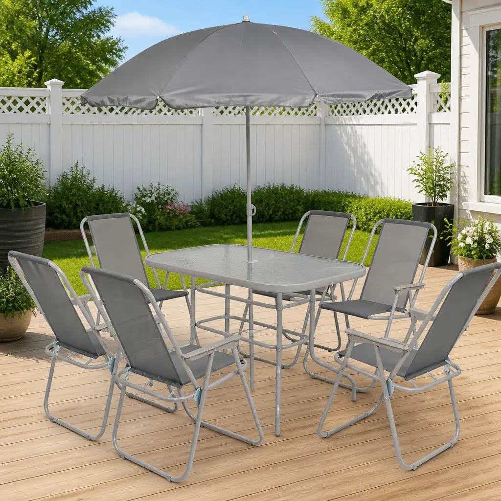 Outdoor Dining Set Grey Textilene Chairs Glass Table Umbrella 8 Piece