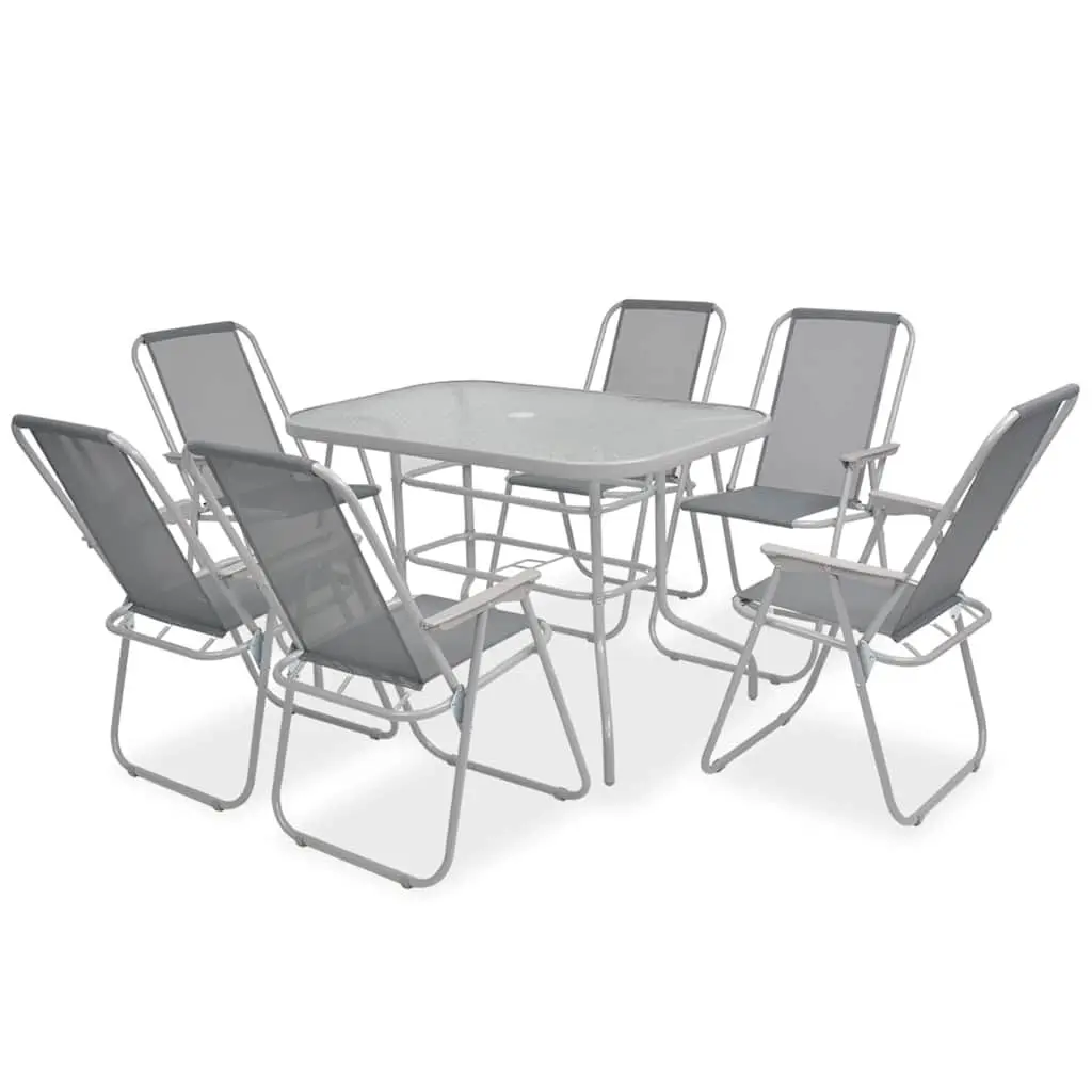 Outdoor Dining Set Grey Textilene Chairs Glass Table Umbrella 8 Piece