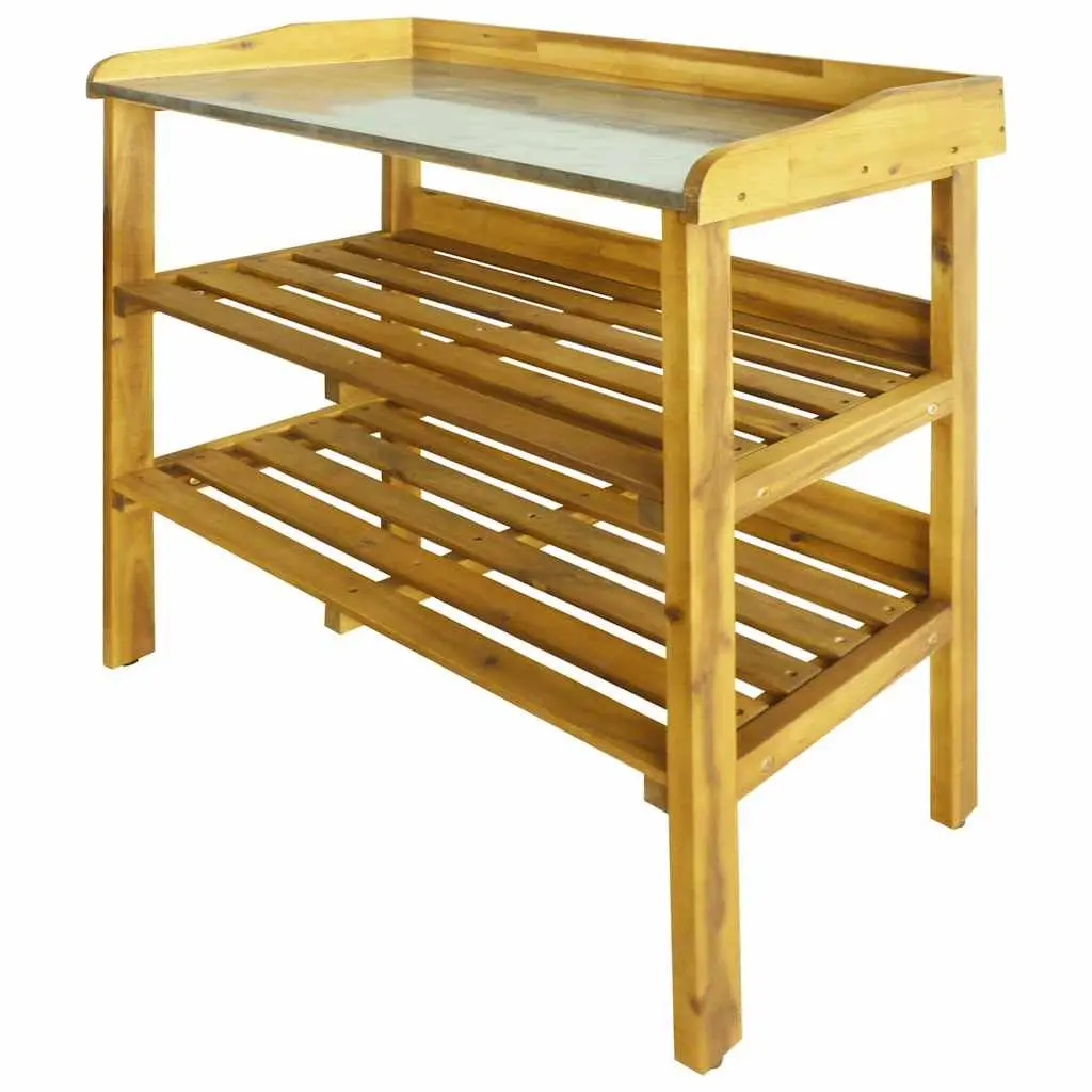 Potting Bench with 2 Shelves Solid Acacia Wood Zinc Tabletop Rustic Garden Work