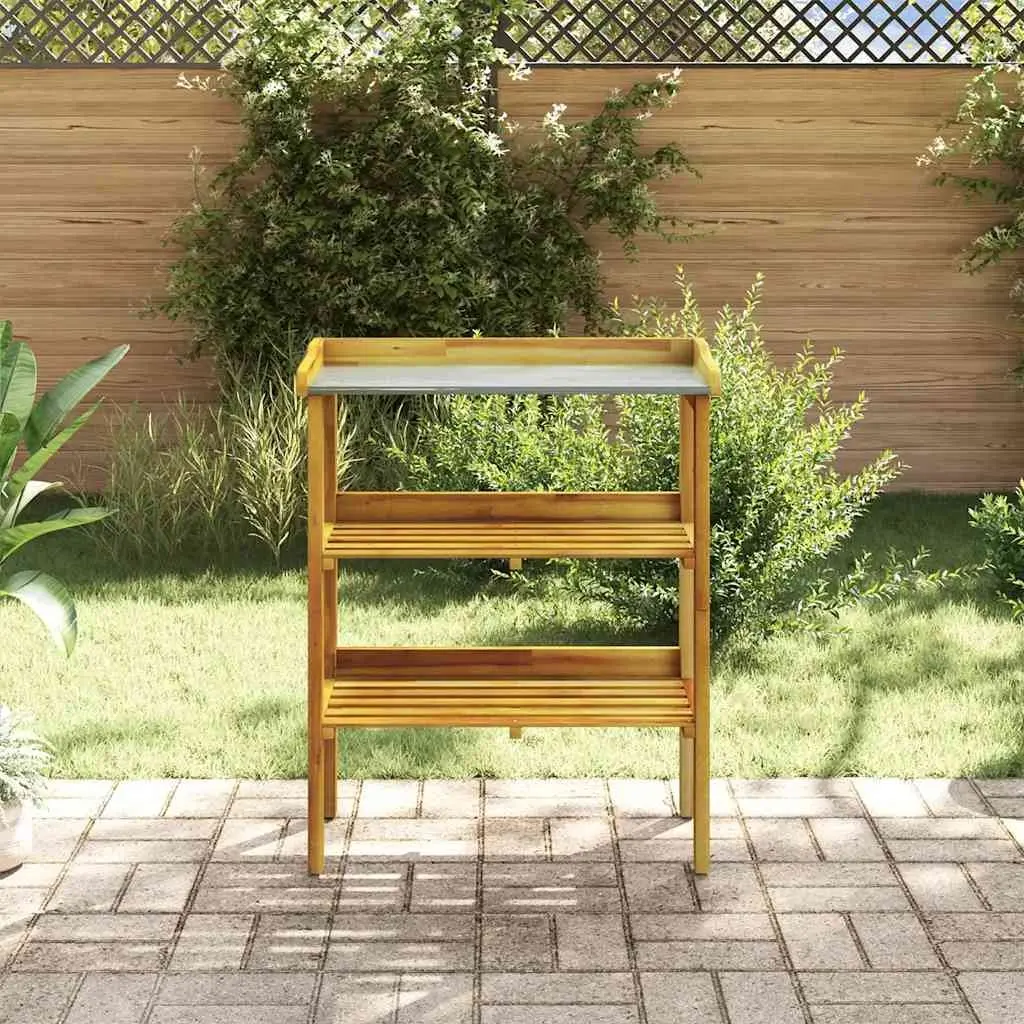 Potting Bench with 2 Shelves Solid Acacia Wood Zinc Tabletop Rustic Garden Work