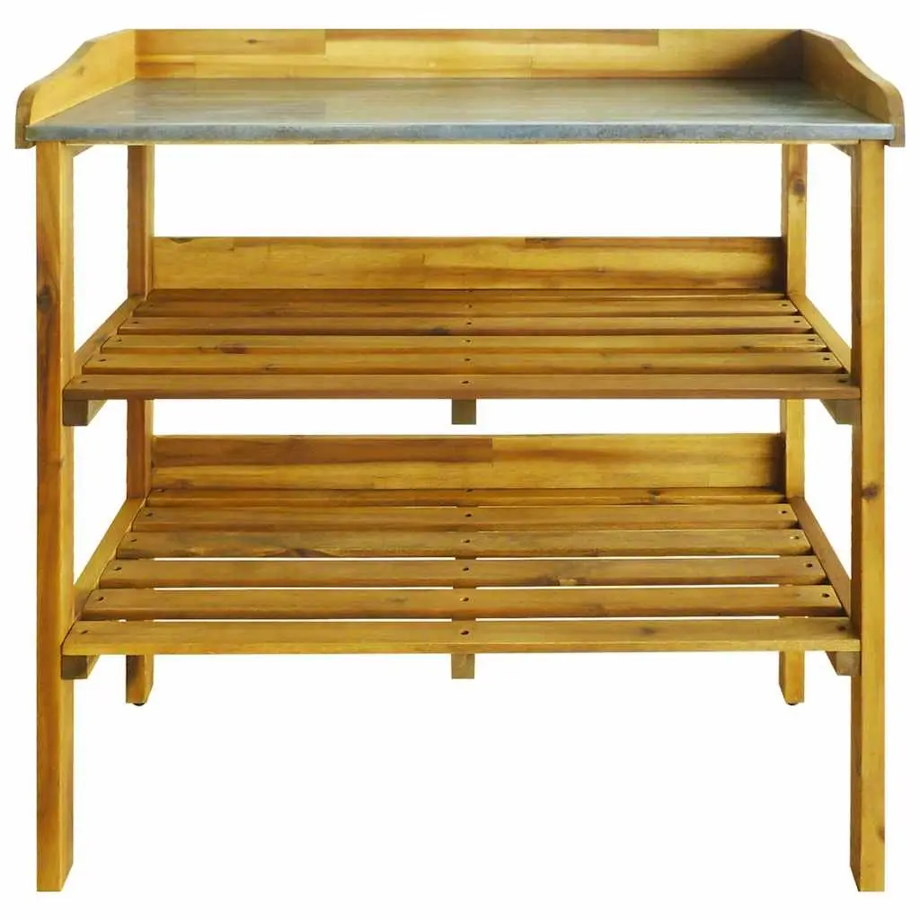 Potting Bench with 2 Shelves Solid Acacia Wood Zinc Tabletop Rustic Garden Work