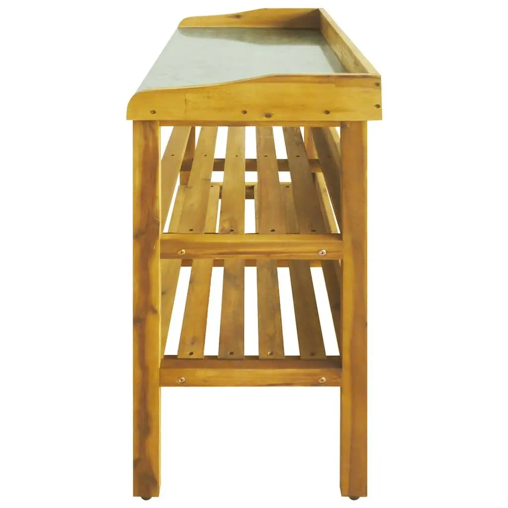 Potting Bench with 2 Shelves Solid Acacia Wood Zinc Tabletop Rustic Garden Work