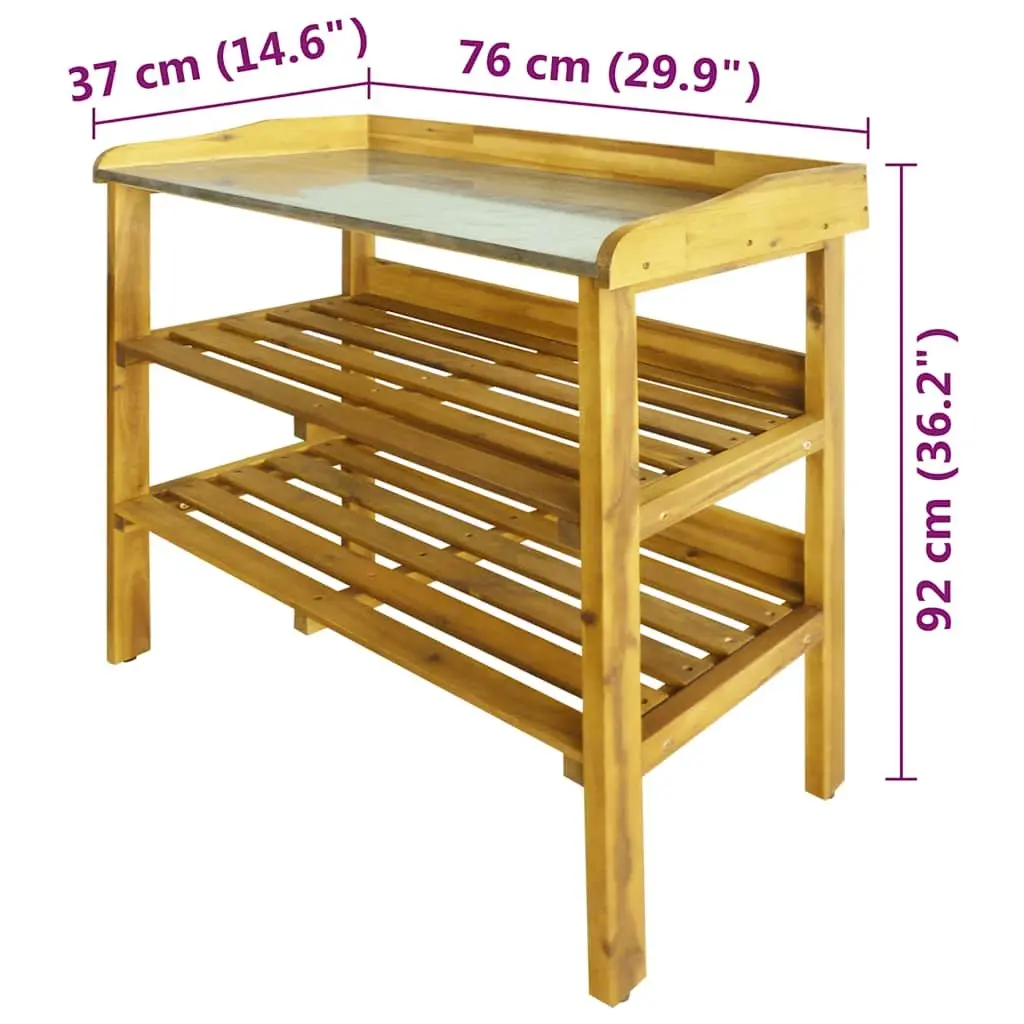 Potting Bench with 2 Shelves Solid Acacia Wood Zinc Tabletop Rustic Garden Work