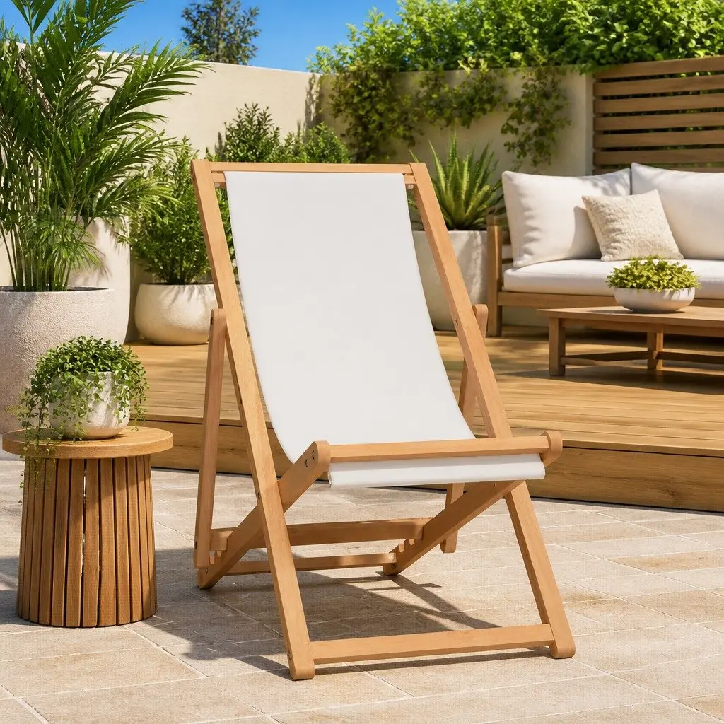 Deck Chair Adjustable Backrest Folding Teak Outdoor Garden Furniture Cream