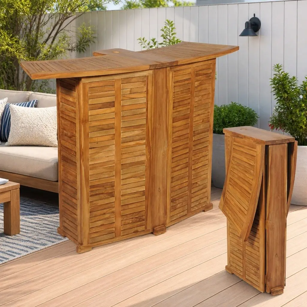 Folding Bar Table Outdoor Garden Teak Wood Parasol Hole Brown