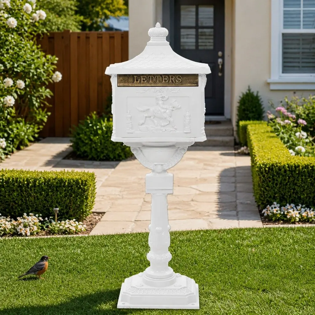 Pedestal Letterbox Mail Storage Outdoor Vintage Style White Cast Aluminium