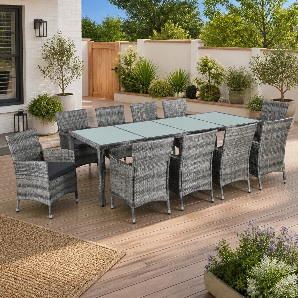 Outdoor Dining Set 11 Piece Poly Rattan Garden Furniture for Al Fresco Dining Grey
